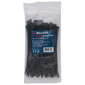 Bag of black nylon zip ties with blue label reading 'Lockdown Cable Ties' and quantity 100pcs (heat and corrosion resistant).