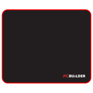 Rounded black, rounded-corner panel with a bright red border; PCBuilder logo appears in the bottom-right corner.