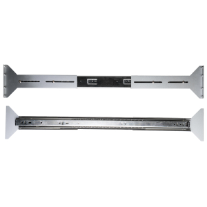 Two metal drawer slides with mounting brackets, extended, for cabinet drawers and furniture