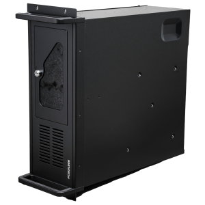 Black server chassis with front access door, vented lower panel, and stable base feet.