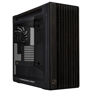 Black mid-tower PC case with a transparent side panel showing the motherboard, power supply, and a large cooling fan inside. Front panel features dark vertical slats resembling wood grain.