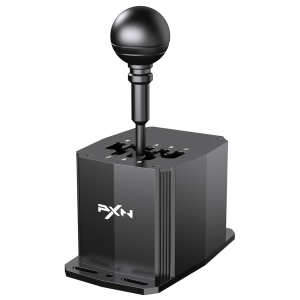 Six‑speed manual gear shifter on a PXN base, with a glossy black ball knob and a shift plate marked 1–6.
