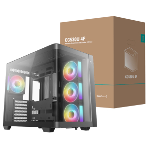 Mid-tower PC case with tempered glass side panel showing three RGB fans, positioned next to a brown product box labeled CG530U 4F.