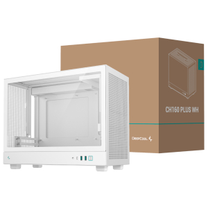 R-CH160-WHNGM0-G_DeepCool-CH160-PLUS-Micro-ATX-Chassis-White_wr_01ajpg - Computech-Solutions White DeepCool CH160 Plus WH PC case displayed next to its brown packaging box labeled CH160 PLUS WH