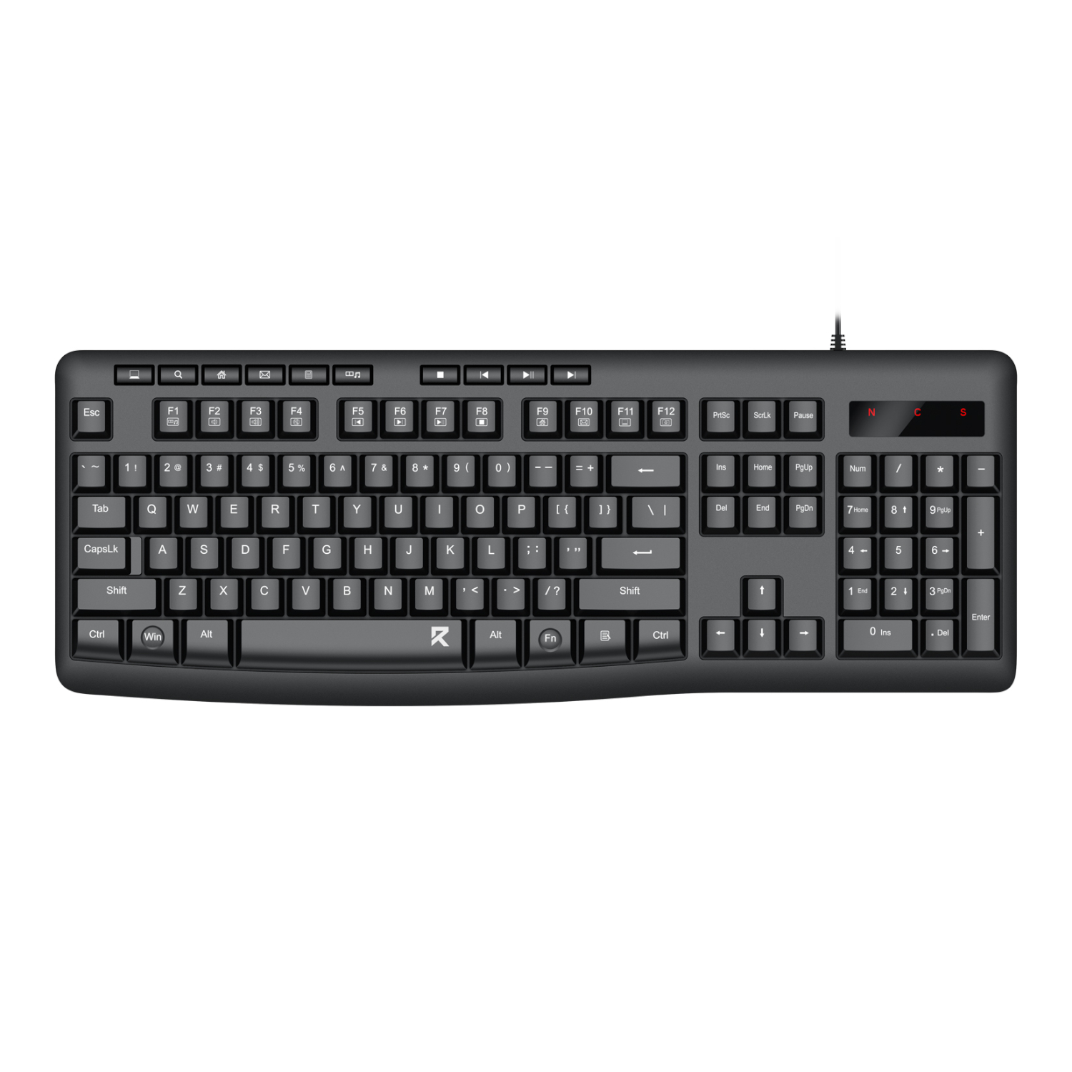 RD-BK-7366_Redragon-BK-7366-Full-size-Ergonomic-Membrane-Office-Keyboard-Black_wr_01ajpg - Computech-Solutions Full-size dark computer keyboard with a numeric keypad and media-style top row, viewed from above