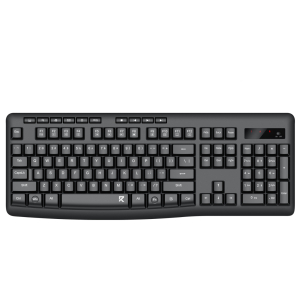Full-size black computer keyboard with numeric keypad and function keys visible on a curved baseplate.