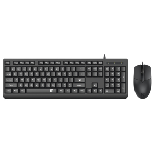 Full-size black wired keyboard with a numeric keypad and a matching black wired mouse on a white background.
