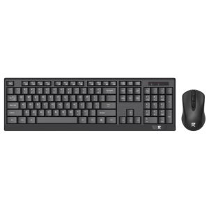 Full-size black keyboard with numeric keypad and a black mouse to the right, shown as a combined keyboard-and-mouse set.
