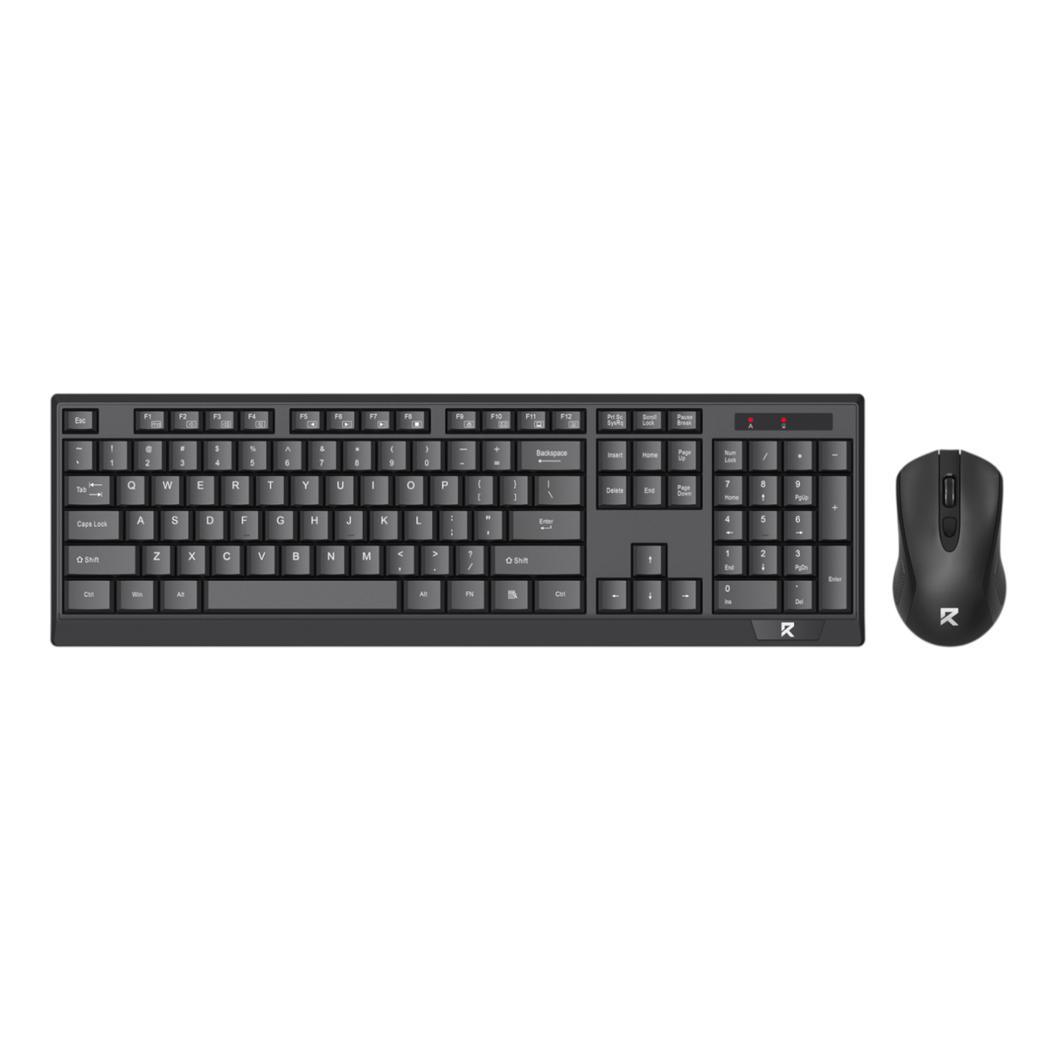RD-BS-8343A_Redragon-BS-8343A-Wireless-Keyboard-and-Mouse-Combo-Black_wr_01ajpg - Computech-Solutions Full-size black keyboard with numeric keypad and a black mouse to the right, shown as a combined keyboard-and-mouse set.
