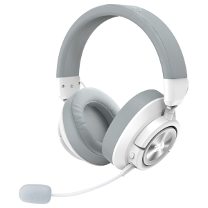 White and gray over-ear headset with a boom microphone and wired cable, designed for gaming or calls