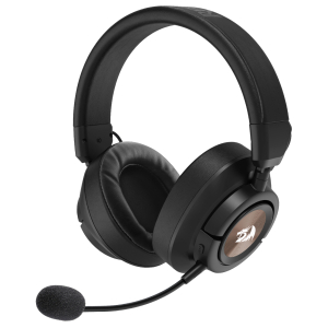 Black over-ear gaming headset with attached microphone and foam mic cover, shown in side view