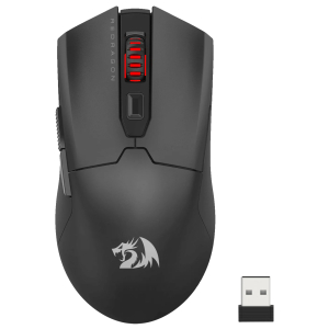 Top-down view of a black gaming mouse with red DPI indicator lights and a USB wireless receiver nearby, plus a small dragon logo on the palm.