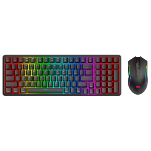 RGB backlit gaming keyboard with a black gaming mouse on a white background.