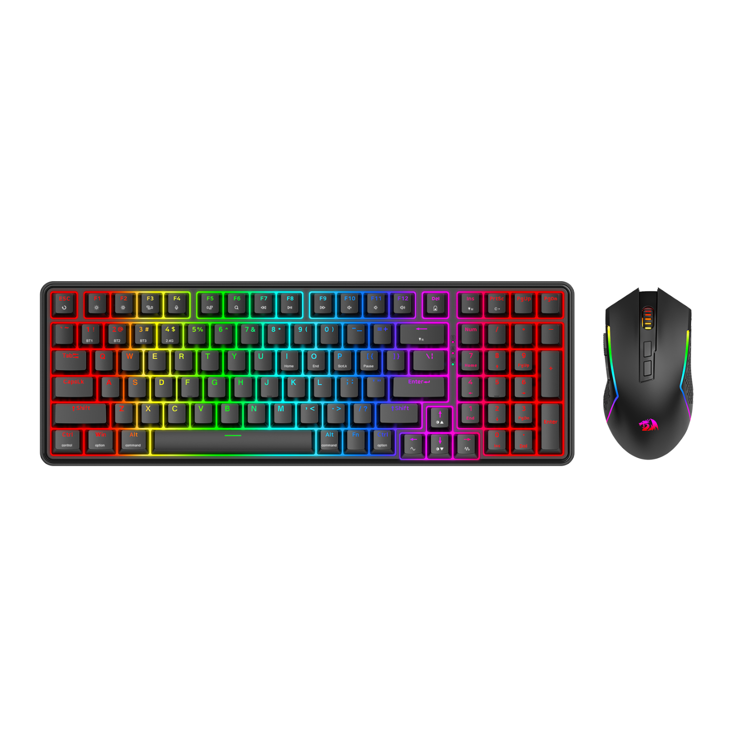 RD-S162_Redragon-S162-2-in-1-RGB-Wireless-Keyboard-and-Mouse-Gaming-Combo-Black_wr_01ajpg - Computech-Solutions RGB backlit gaming keyboard with a black gaming mouse on a white background.