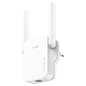 RE300_Cudy-N300-Mesh-Wi-Fi-Range-Extender-White_wr_01ajpg - Computech-Solutions White wireless router with two tall antennas and perforated vented side, branded 'Cudy' on front panel.
