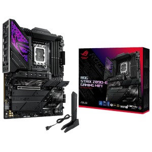 High-end motherboard with purple-lit PCIe area, shown next to its ROG STRIX Z890-E Gaming WiFi box and a detachable antenna.