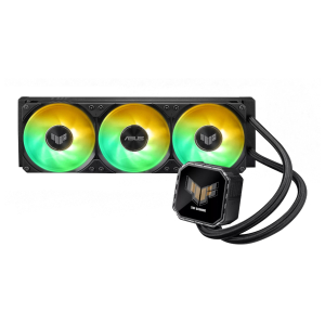 TUFGAMINGLCIII360ARGBLCD_Asus-TUF-Gaming-LC-III-360-ARGB-LCD-Liquid-CPU-Cooler-Black_wr_01ajpg - Computech-Solutions Triple-fan RGB liquid CPU cooler with three illuminated fans and a square ASUS TUF block in front.