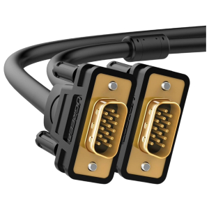 VG101-11632_-UGREEN-VGA-Male-to-Male-Cable-5m-Blk_wr01jpeg - Computech-Solutions Close-up of two gold-plated D-sub connectors on a black cable assembly, showing multiple pins and rectangular housings.