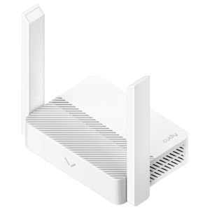WR300_Cudy-N300-24GHz-Wi-Fi-Router-White_wr_01ajpg - Computech-Solutions White wireless router with two tall vertical antennas, viewed in isometric perspective.