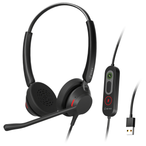 WX-HS112_WINX-CALL-Pro-2-AI-Noise-Cancelling-Mic-Headset-Black_wr_01ajpg - Computech-Solutions Black wired over-ear gaming headset with adjustable microphone and attached USB inline control box featuring green call and red mute buttons.