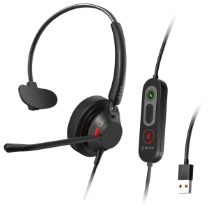 Black wired gaming headset with adjustable headband, boom mic, and a USB-A inline control dongle showing call and mute buttons.