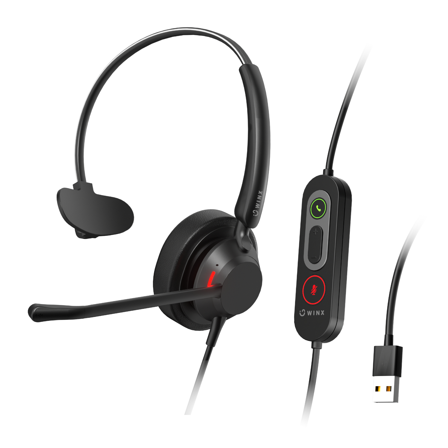 WX-HS113_WINX-CALL-Pro-Wireless-Noise-Cancelling-Mic-Headset-Black_wr_01ajpg - Computech-Solutions Black wired gaming headset with adjustable headband, boom mic, and a USB-A inline control dongle showing call and mute buttons.