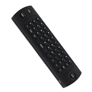Black remote control angled diagonally against a white background, showing a full keypad of buttons.
