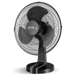Black AlvaAir table fan with a circular grille, three blades, and a sturdy pedestal base.