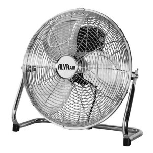 ACS210 - Computech-Solutions AlvaAir three-blade electric fan with a metal grille and chrome stand, shown from the front.