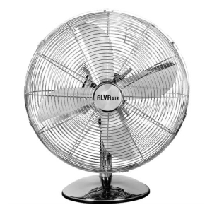 ACS211 - Computech-Solutions Metal electric fan with a circular grille and three chrome blades, mounted on a round base (brand center reads ALVAIR).