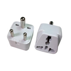 Two white international travel plug adapters with detachable plug pins, shown from different sides to illustrate outlet and plug configurations.