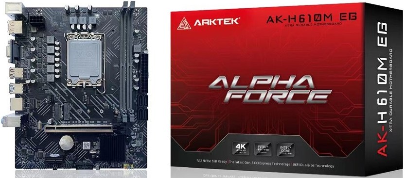 AK-H610M-EG - Computech-Solutions Motherboard with socket and PCIe slot beside a red ARKTEK Alpha Force AK-H610M E3 motherboard box.