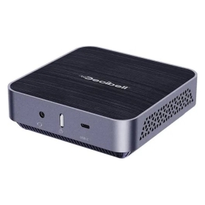 Beelink mini PC with a dark brushed top and silver frame; front shows USB-C, headphone jack, and power button with side ventilation. (informative)