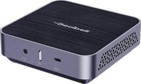 AM02-R7-3700-8GB-512 - Computech-Solutions Beelink mini PC with a dark brushed top and silver frame; front shows USB-C, headphone jack, and power button with side ventilation. (informative)