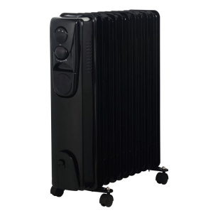Electric oil-filled radiator heater on wheels, black, with control dials on the side and run-ready caster feet for mobility