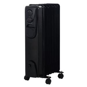 Black portable oil-filled radiator heater on wheels with two front control dials.