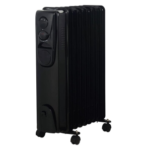 Black oil-filled radiator heater on caster wheels with control panel on the top left side and adjustable fins for spreading heat