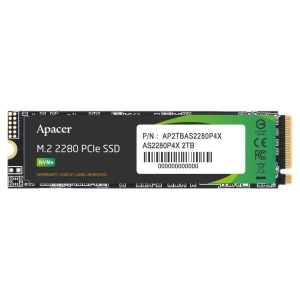 Apacer M.2 2280 PCIe NVMe SSD module with barcode label, warranty void if label removed text, and green accent.