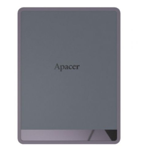 Portable external hard drive by Apacer, grey body with lavender-purple edge, shown from the front.