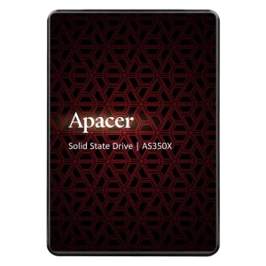 Front view of an Apacer AS350X solid-state drive box with a red geometric pattern.