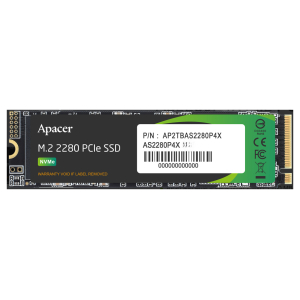 Apacer M.2 2280 PCIe NVMe SSD on a dark PCB with a white barcode label showing part number AP2TBAS2280P4X.