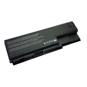 Removable black laptop battery with white warning text and certification marks, shown at a slight angle.