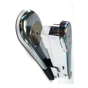 Chrome door hinge with mounting plates, shown in a close-up side view.