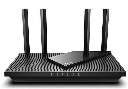 ARCHER-AX55 - Computech-Solutions Black wireless router with four external antennas and a slim rectangular device resting on its top surface.