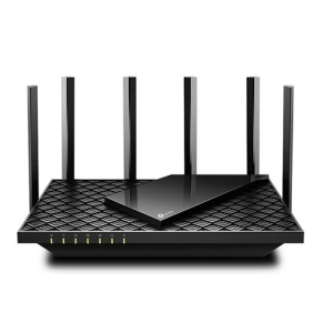 Black wireless router with six external antennas and a smartphone resting on top, on a white background.