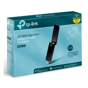 Boxed TP-Link AC1300 High Gain Wireless MU-MIMO USB Adapter product packaging, showing the USB dongle on the front.