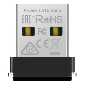 Archer TX1U Nano wireless module with RoHS, FCC, and CE logos; two small yellow-topped contacts and a black mounting cradle.