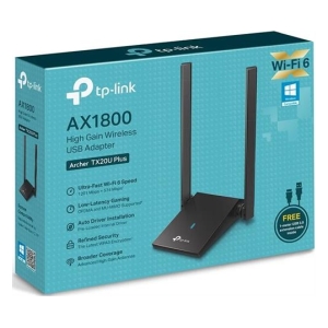 TP-Link AX1800 High Gain Wireless USB Adapter on blue box, two tall antennas, Archer TX20U Plus label, and Wi‑Fi 6 logo