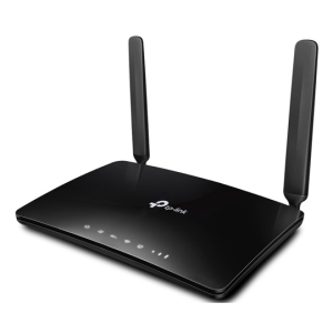 Black TP-Link wireless router with two tall external antennas and illuminated status LEDs on the front edge against a white background