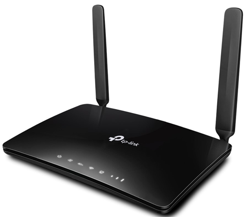 ARCHER_MR600 - Computech-Solutions Black TP-Link wireless router with two tall external antennas and illuminated status LEDs on the front edge against a white background